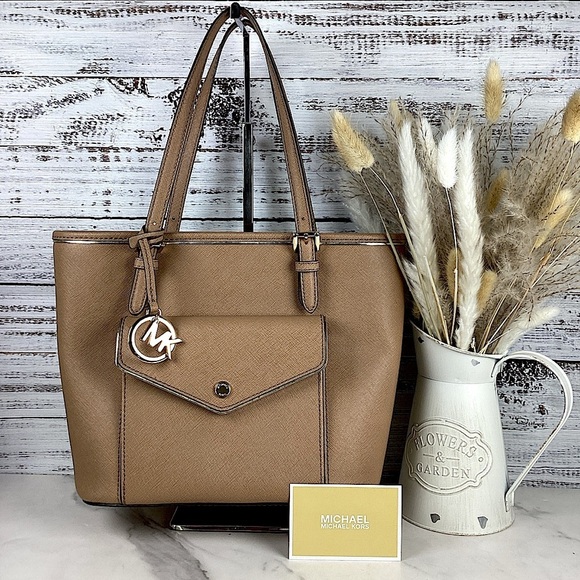 MICHAEL KORS SAFFIANO FRAME TOTE BAG TAN DARK KHAKI MEDIUM LEATHER PURSE EUC - Picture 1 of 13